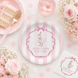かわいいひとつばかガチョウピンクのリボン 初めての誕生日 ペーパープレート