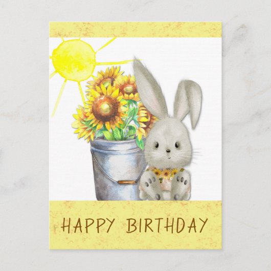 かわいいひまわりうさぎの誕生日おめでとう ポストカード (正面)