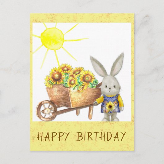 かわいいひまわりうさぎの誕生日おめでとう ポストカード (正面)
