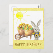 かわいいひまわりうさぎほだまるお誕生日おめでとう ポストカード (正面/裏面)