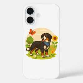 かわいいひまわりとバターカップのベルナーゼン・マウンテン・ドッグ iPhone 16ケース
