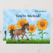 かわいいひまわりと馬の誕生日パーティー招待状 招待状 (正面/裏面)