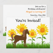 かわいいひまわりと馬の誕生日パーティー招待状 招待状 (正面/裏面)