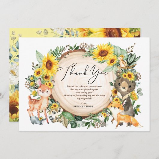 かわいいひまわりの森の動物たち誕生日ありがとう サンキューカード (正面/裏面)