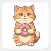 かわいいふわふわの猫がピンクのドーナツを持つキャラクター スクエアシール (正面)