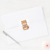 かわいいふわふわの猫がピンクのドーナツを持つキャラクター スクエアシール (封筒)