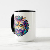 かわいいふわふわの猫の肖像が描かれたマンダラ マグカップ (正面左)