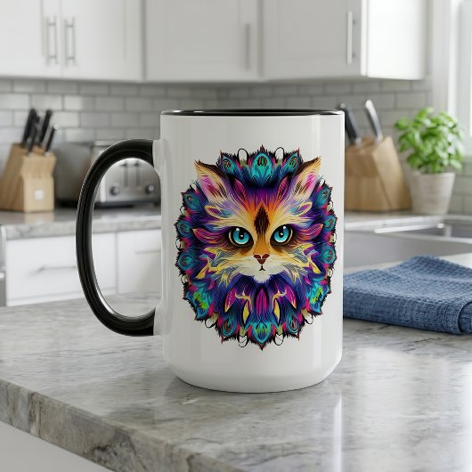 かわいいふわふわの猫の肖像が描かれたマンダラ マグカップ