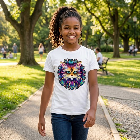 かわいいふわふわの猫の肖像が描かれたマンダラ Tシャツ