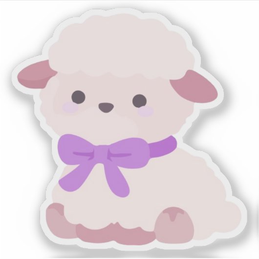 かわいいふわふわ子羊の紫のリボンステッカー シール (正面)