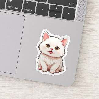 かわいいふわふわ白猫ステッカー - かわいいイラスト風デザイン シール