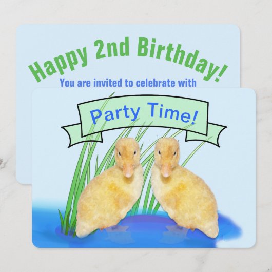 かわいいふわふわ黄色いアヒルの子どもの誕生日 招待状 (正面/裏面)