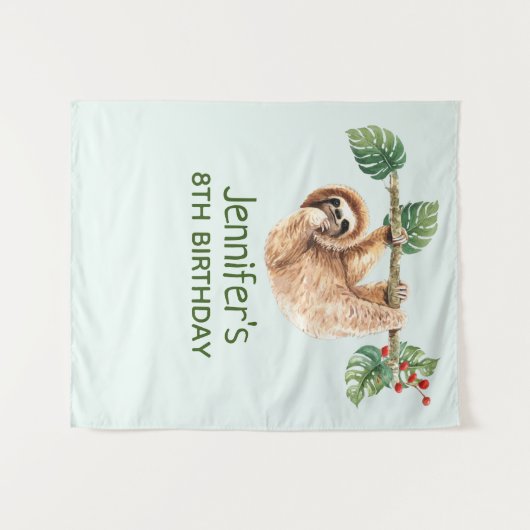 かわいいぶら下がったナマケモノの逆さ水彩誕生日 タペストリー (正面(横))