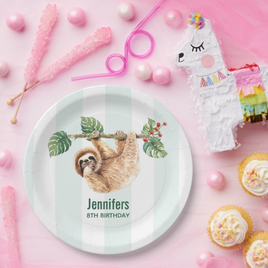 かわいいぶら下がったナマケモノの逆さ水彩誕生日 ペーパープレート (パーティー)