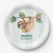 かわいいぶら下がったナマケモノの逆さ水彩誕生日 ペーパープレート (正面)