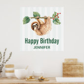 かわいいぶら下がったナマケモノの逆さ水彩誕生日 ポスター (キッチン)