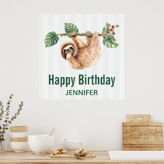 かわいいぶら下がったナマケモノの逆さ水彩誕生日 ポスター (キッチン)