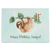 かわいいぶら下がったナマケモノの逆さ水彩誕生日 ラージペーパーバッグ (正面)