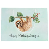 かわいいぶら下がったナマケモノの逆さ水彩誕生日 ラージペーパーバッグ (裏面)