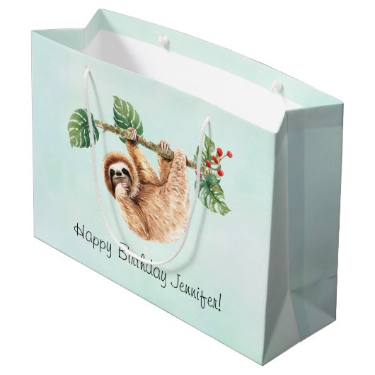 かわいいぶら下がったナマケモノの逆さ水彩誕生日 ラージペーパーバッグ (裏面アングル)