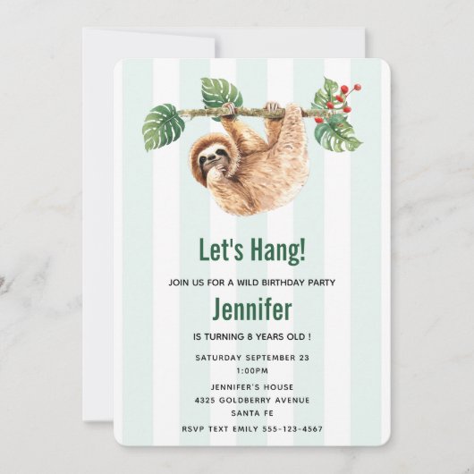 かわいいぶら下がったナマケモノの逆さ水彩誕生日 招待状 (正面)