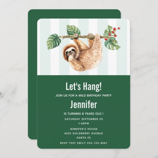 かわいいぶら下がったナマケモノの逆さ水彩誕生日 招待状 (正面/裏面)