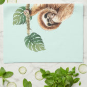 かわいいぶら下がったナマケモノの逆さ水色 キッチンタオル (折り畳み)