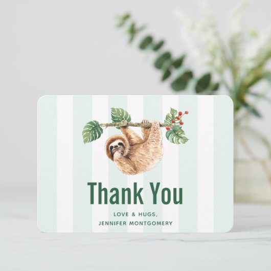 かわいいぶら下がったナマケモノの逆さ水色 サンキューカード (スタンド正面)