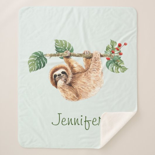 かわいいぶら下がったナマケモノの逆さ水色 シェルパブランケット (正面)