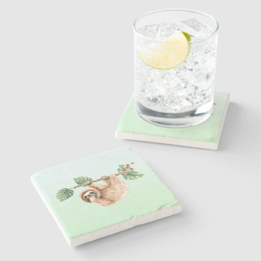 かわいいぶら下がったナマケモノの逆さ水色 ストーンコースター (横)