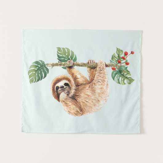 かわいいぶら下がったナマケモノの逆さ水色 タペストリー (正面(横))