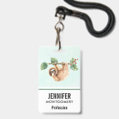 かわいいぶら下がったナマケモノの逆さ水色 バッジ (正面（ネックストラップ付）)