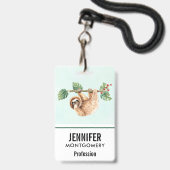 かわいいぶら下がったナマケモノの逆さ水色 バッジ (裏面（ネックストラップ付）)