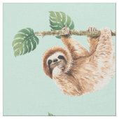 かわいいぶら下がったナマケモノの逆さ水色 ファブリック (クローズアップ)