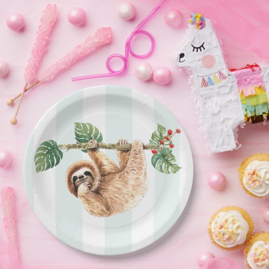 かわいいぶら下がったナマケモノの逆さ水色 ペーパープレート (パーティー)