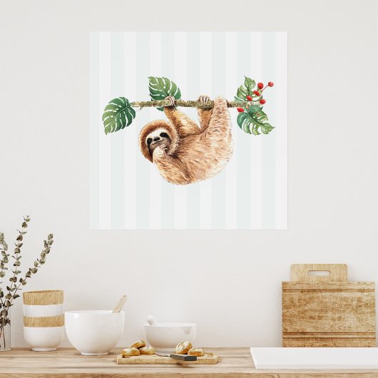 かわいいぶら下がったナマケモノの逆さ水色 ポスター (キッチン)