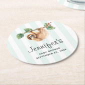 かわいいぶら下がったナマケモノの逆さ水色 ラウンドペーパーコースター (アングル)