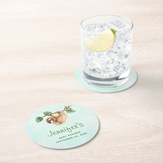 かわいいぶら下がったナマケモノの逆さ水色 ラウンドペーパーコースター (インサイチュ)