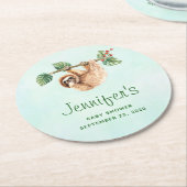 かわいいぶら下がったナマケモノの逆さ水色 ラウンドペーパーコースター (アングル)