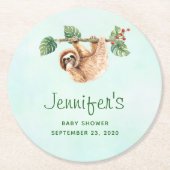 かわいいぶら下がったナマケモノの逆さ水色 ラウンドペーパーコースター (正面)