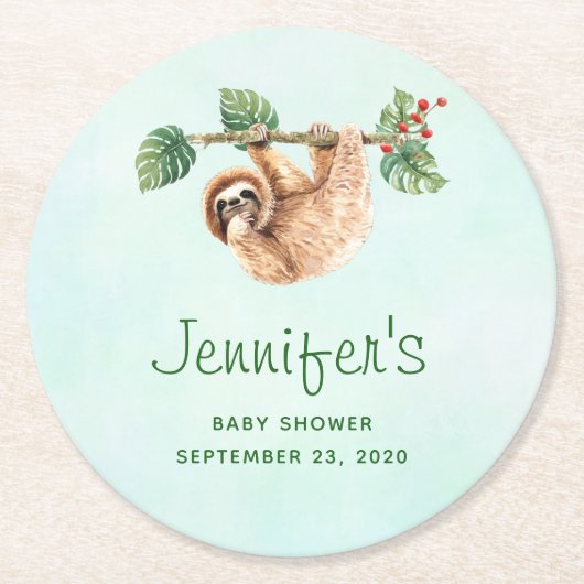 かわいいぶら下がったナマケモノの逆さ水色 ラウンドペーパーコースター (正面)