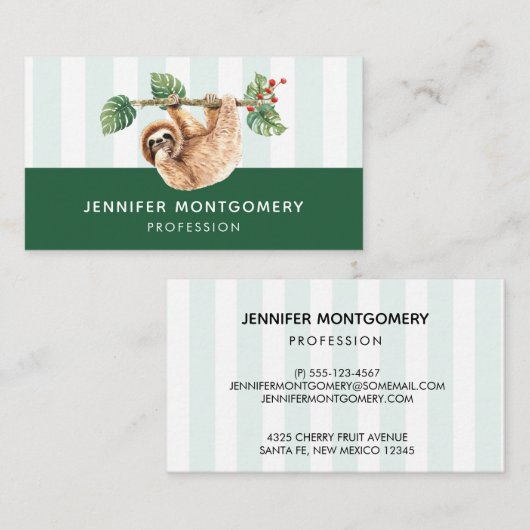 かわいいぶら下がったナマケモノの逆さ水色 名刺 (正面/裏面)