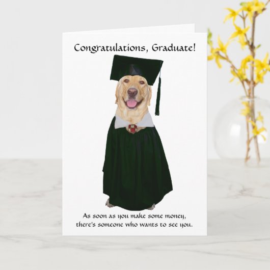 かわいいまたはおもしろい犬の卒業 カード (黄色い花)