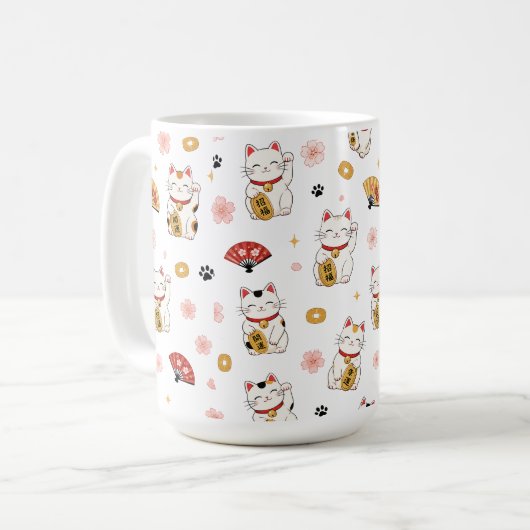 かわいいまねきねこ柄マグカップ | 縁起招き猫 コーヒーマグカップ (正面左)