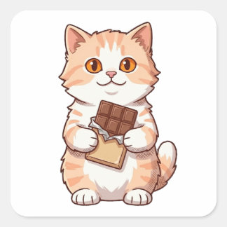 かわいいもふもふの猫がチョコレートを食べるキャラクター スクエアシール