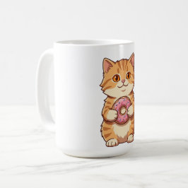 かわいいもふもふの猫がピンクのドーナツを持つキャラクター コーヒーマグカップ