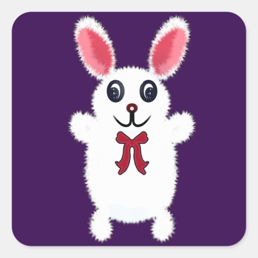 かわいいもふもふ白うさぎ 赤いリボンを付けたクリ スクエアシール (正面)
