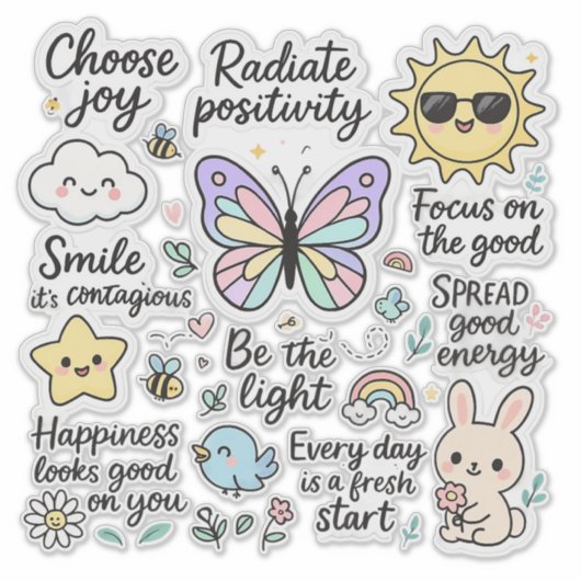 かわいいやる気を起こさせる引用文&ハッピーキャラクター シール (正面)