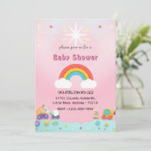 かわいいよくはしゃぐおもちゃつきレインボーベビーシャワーカード 招待状 (スタンド正面)