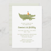 かわいいよくはしゃぐグリーンワニ1歳の誕生日 招待状 (正面/裏面)